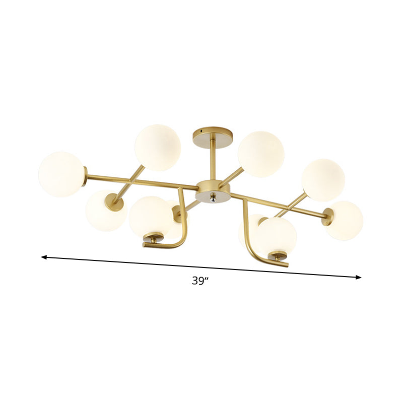 Gold Round Semi Flush Light Modernist 10 Bulbos de vidrio blanco cerca de la iluminación del techo