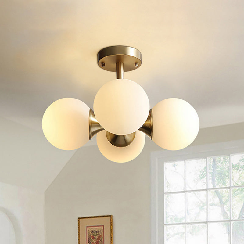 Gold Ball Semi Flush Light Contemporary 4 Heads Milky Glass Close to Ceiling Lamp
