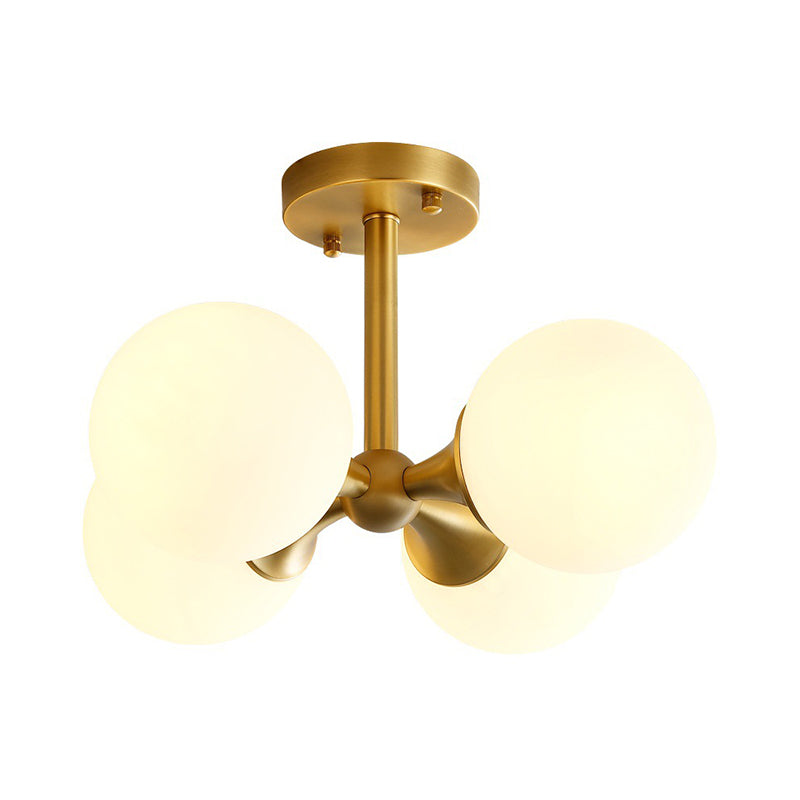Gold Ball Semi Flush Light Contemporary 4 Heads Milky Glass Close to Ceiling Lamp