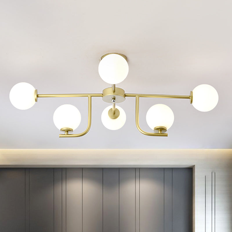 Global Semi Flush Mount Modernisme Verre Blanc 6 Ampoules Plafonnier Doré