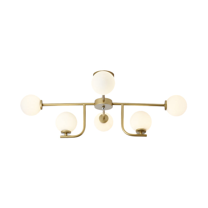 Global Semi Flush Mount Modernisme Verre Blanc 6 Ampoules Plafonnier Doré