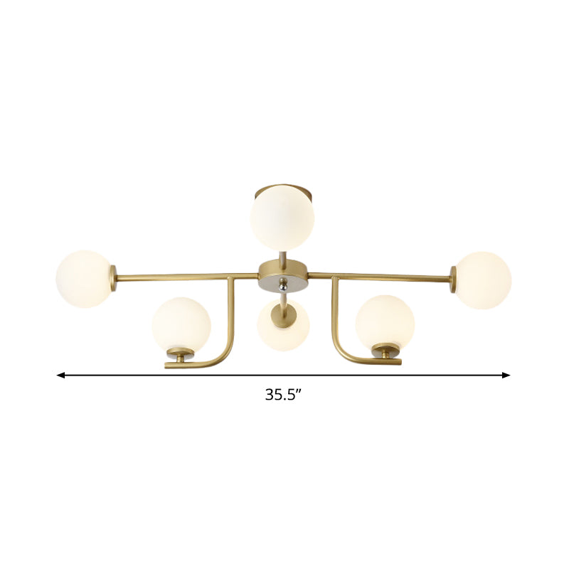 Global Semi Flush Mount Modernisme Verre Blanc 6 Ampoules Plafonnier Doré
