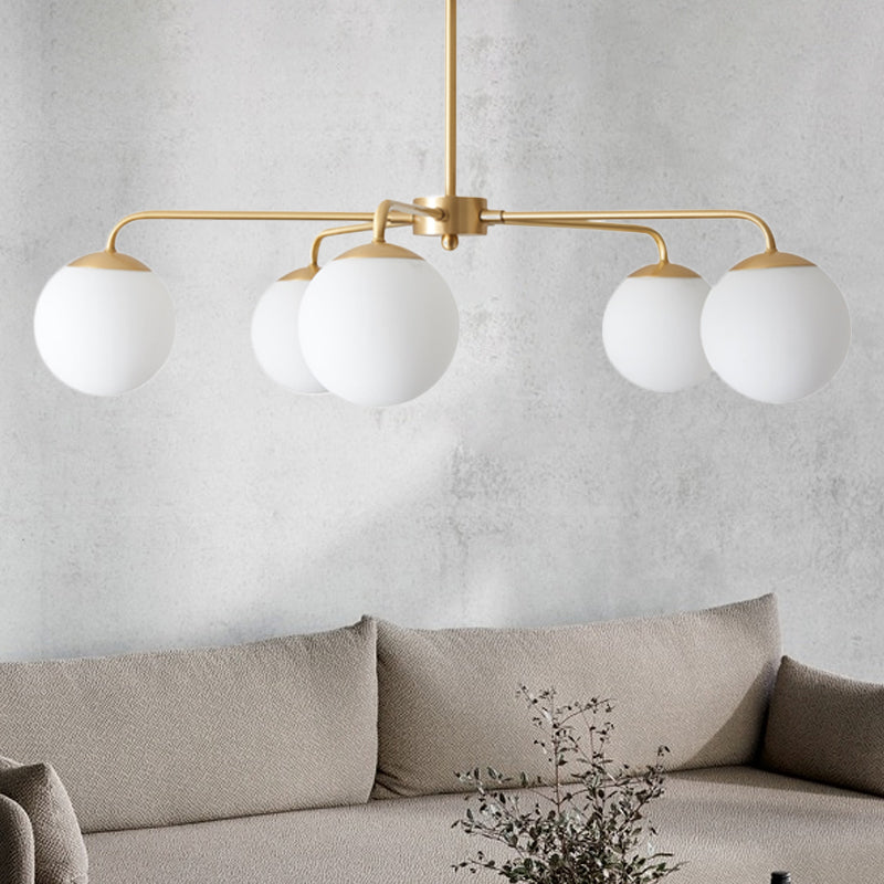 Milky Glass Global Chandelier Lamp Contemporary 5 Heads Brass Hanging Ceiling Light
