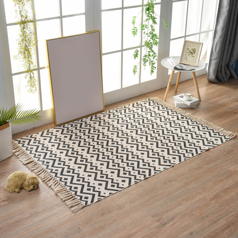 Alfombra con estampado de rayas contemporáneas, alfombra mezclada de algodón con flecos para decoración del hogar