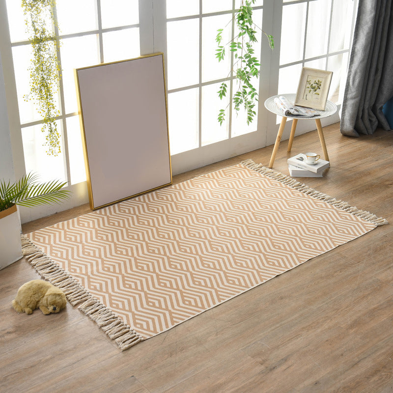Alfombra con estampado de rayas contemporáneas, alfombra mezclada de algodón con flecos para decoración del hogar