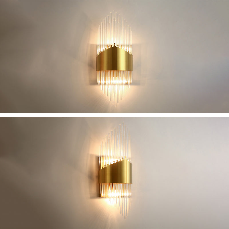 Fluted Crystal Flush Wall Sconce Postmodern Style 2-Bulb Gold Wall Lamp for Living Room