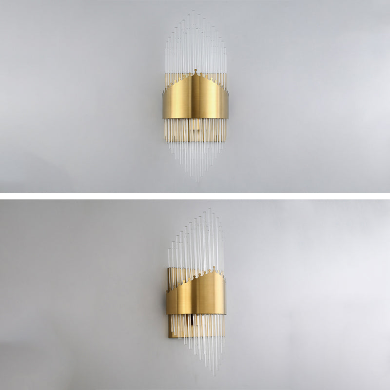 Fluted Crystal Flush Wall Sconce Postmodern Style 2-Bulb Gold Wall Lamp for Living Room
