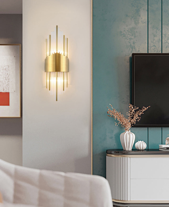 Fluted Crystal Flush Wall Sconce Postmodern Style 2-Bulb Gold Wall Lamp for Living Room