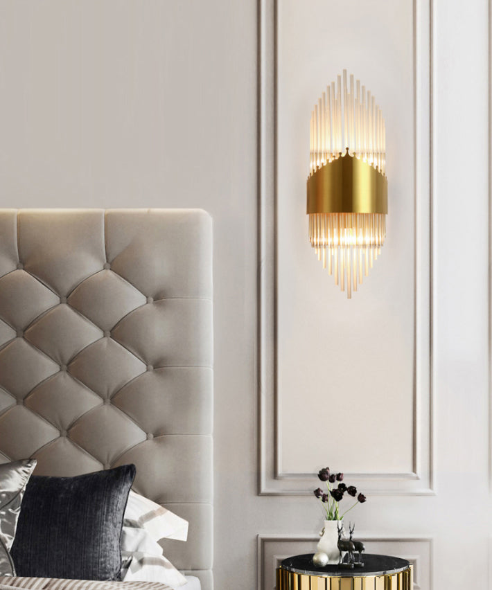 Fluted Crystal Flush Wall Sconce Postmodern Style 2-Bulb Gold Wall Lamp for Living Room