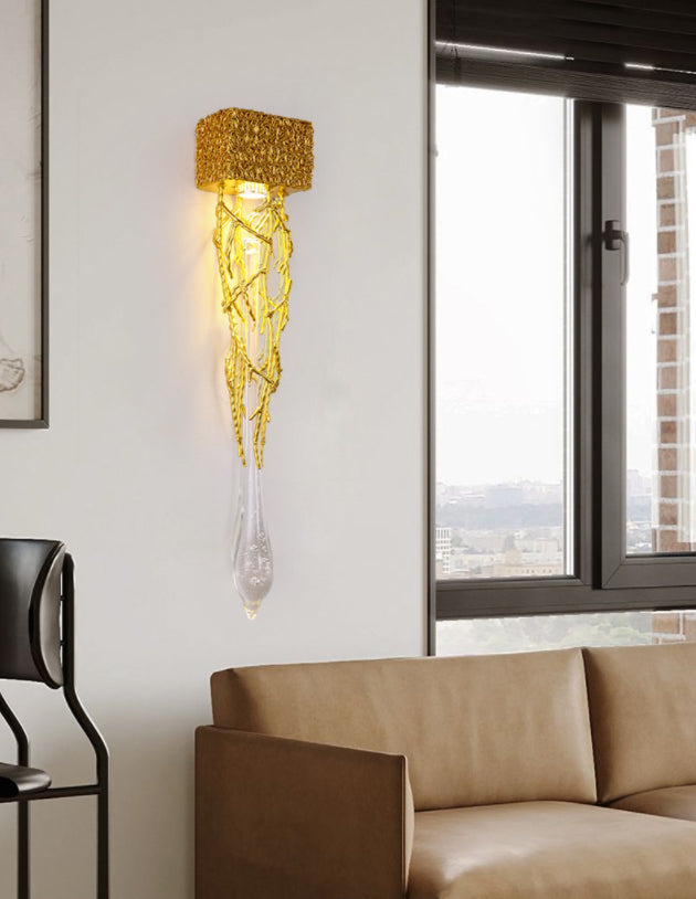Crystal Droplet Wall Lamp Postmodern 1 Bulb Gold Plated Sconce Lighting for Stairs