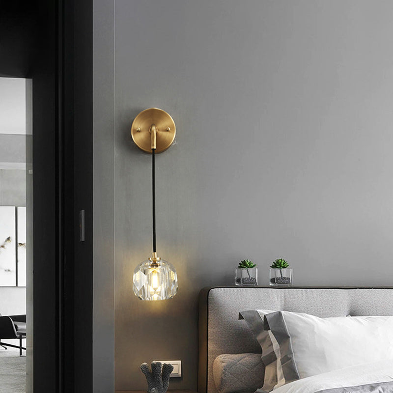 Gold Hanging Wall Sconce in Modern Luxury Style Copper Globe Wall Light with Crystal Shade