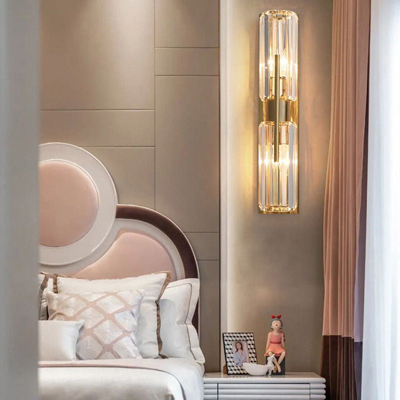 Gold 2-Light Wall Sconce in Modern Luxury Style Wrought Iron Cylindrical Wall Light with Crystal Shade