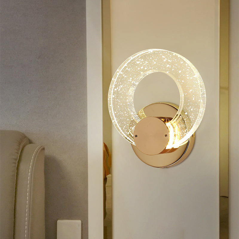 Gold Contemporary 1-Light LED Wall Sconce Circle Crystal Wall Mounted Light for Bedroom