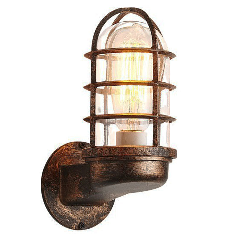 Caged Lantern Industrial Style Wall Light Clear Glass 1-Light Outdoor Wall Mount Light