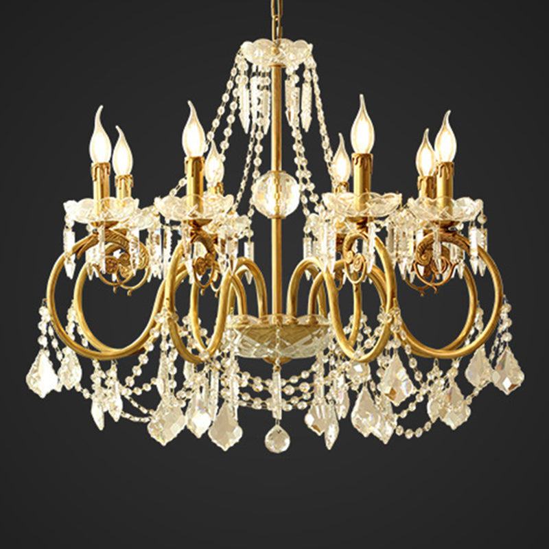 Gold Retro Rustic Style Crystal Large Chandelier Full Brass Candlestick Design Elegant Lighting Fixture for Living Room