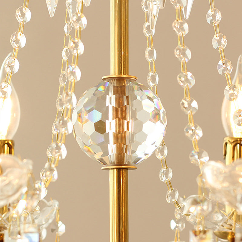 Gold Retro Rustic Style Crystal Large Chandelier Full Brass Candlestick Design Elegant Lighting Fixture for Living Room