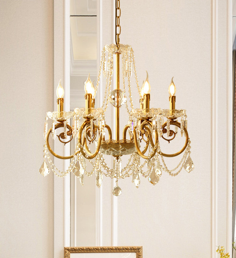 Gold Retro Rustic Style Crystal Large Chandelier Full Brass Candlestick Design Elegant Lighting Fixture for Living Room