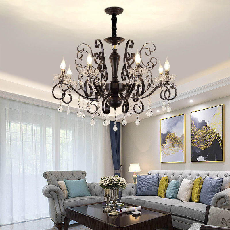 Black American Rustic Style Large Chandelier Vintage Candlestick Design Metal Pendant Light with Crystal Drops