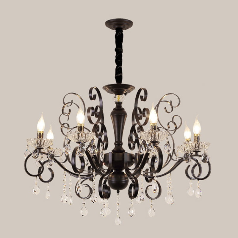 Black American Rustic Style Large Chandelier Vintage Candlestick Design Metal Pendant Light with Crystal Drops