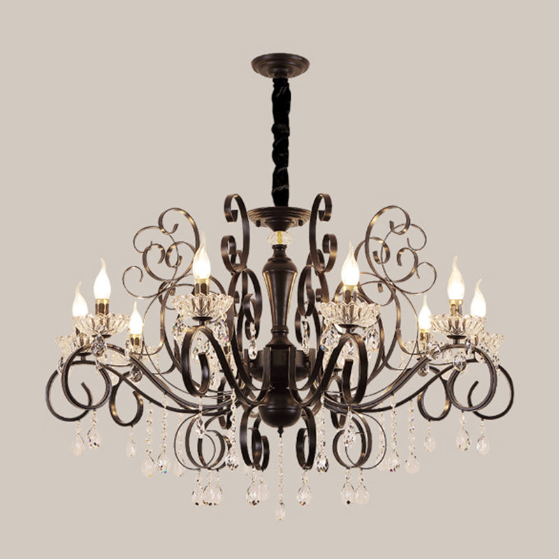 Black American Rustic Style Large Chandelier Vintage Candlestick Design Metal Pendant Light with Crystal Drops