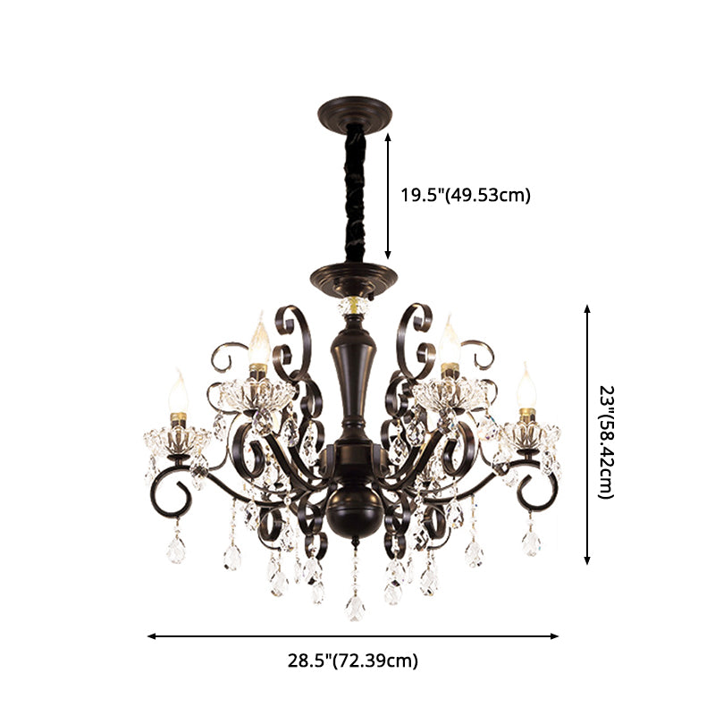 Black American Rustic Style Large Chandelier Vintage Candlestick Design Metal Pendant Light with Crystal Drops