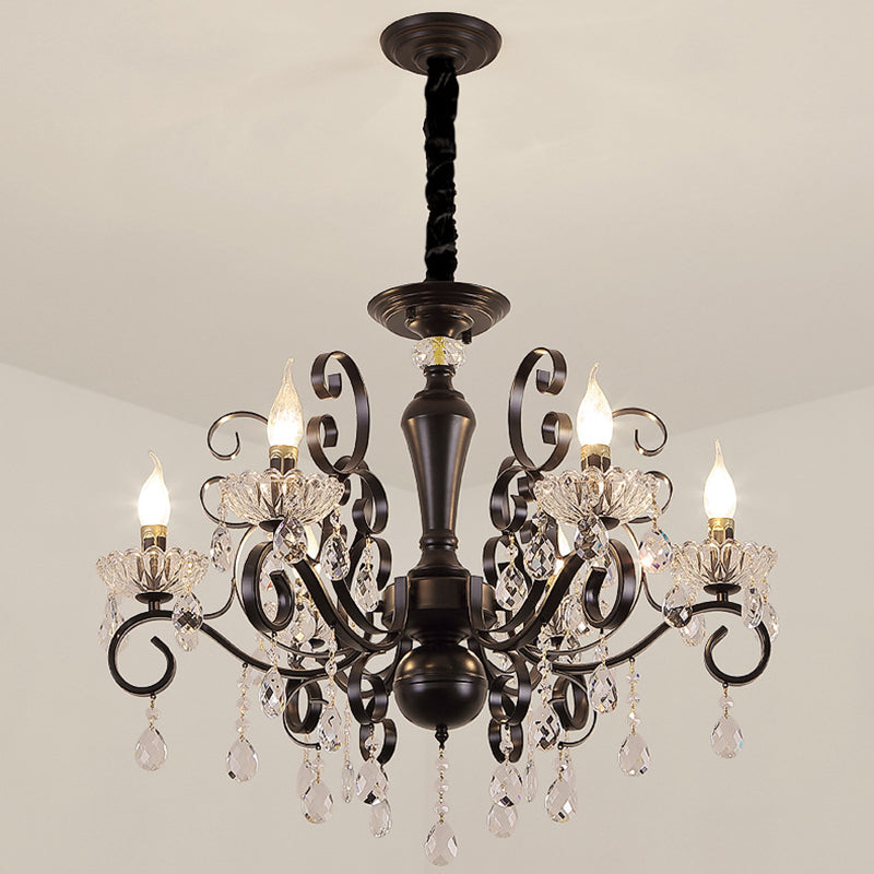 Black American Rustic Style Large Chandelier Vintage Candlestick Design Metal Pendant Light with Crystal Drops