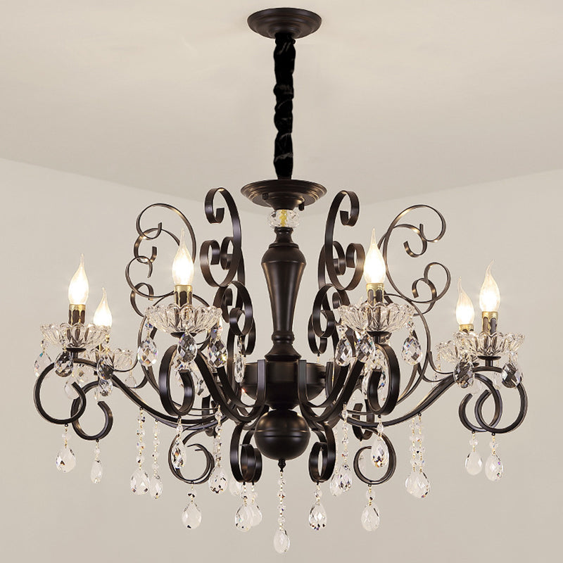 Black American Rustic Style Large Chandelier Vintage Candlestick Design Metal Pendant Light with Crystal Drops