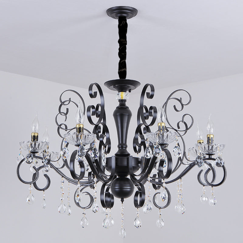 Black American Rustic Style Large Chandelier Vintage Candlestick Design Metal Pendant Light with Crystal Drops