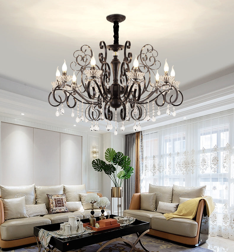 Black American Rustic Style Large Chandelier Vintage Candlestick Design Metal Pendant Light with Crystal Drops