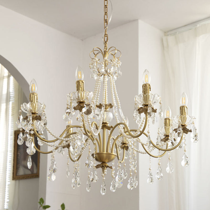 Multi-lights Vintage Candlestick Pendant Light Rustic Style Crystal Drops Large Chandelier for Living Room Dining Room