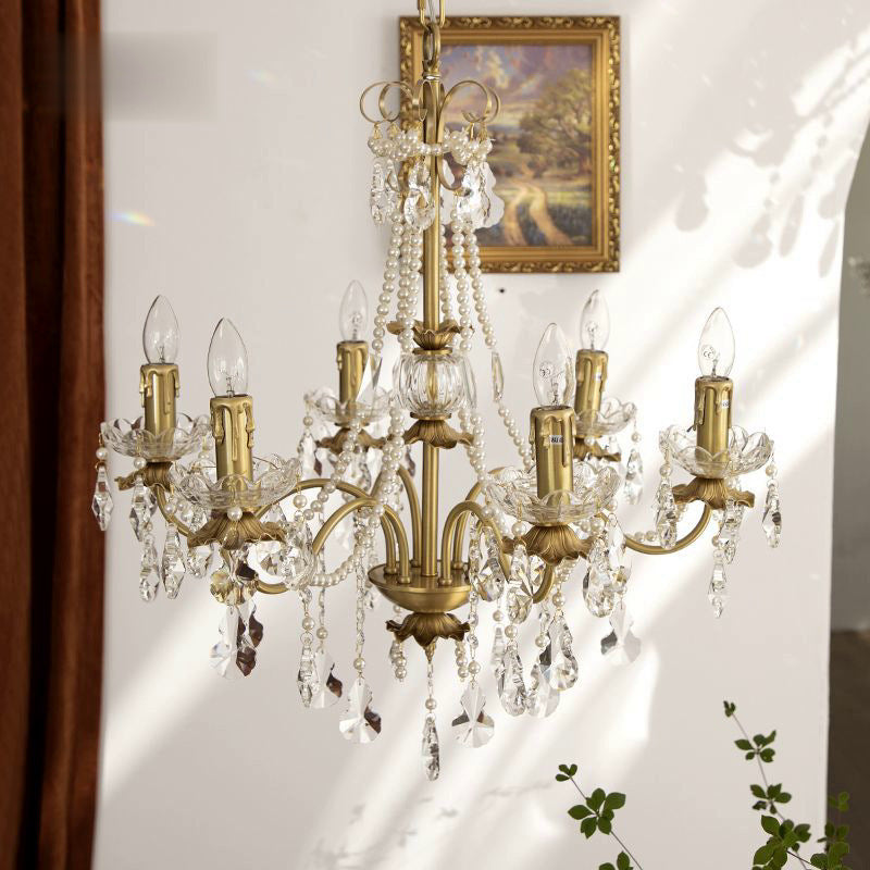 Multi-lights Vintage Candlestick Pendant Light Rustic Style Crystal Drops Large Chandelier for Living Room Dining Room