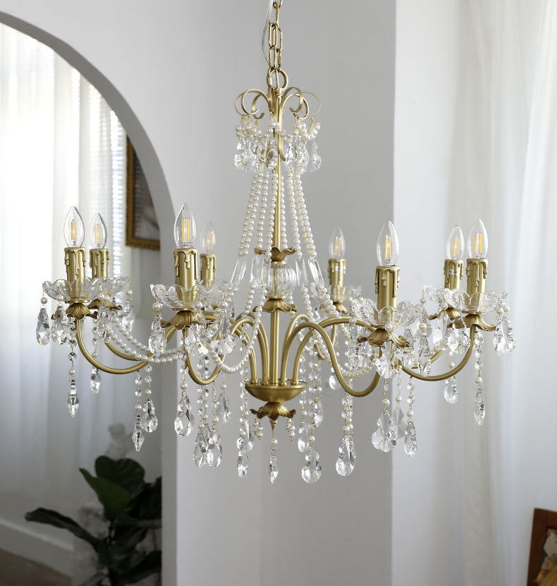Multi-lights Vintage Candlestick Pendant Light Rustic Style Crystal Drops Large Chandelier for Living Room Dining Room