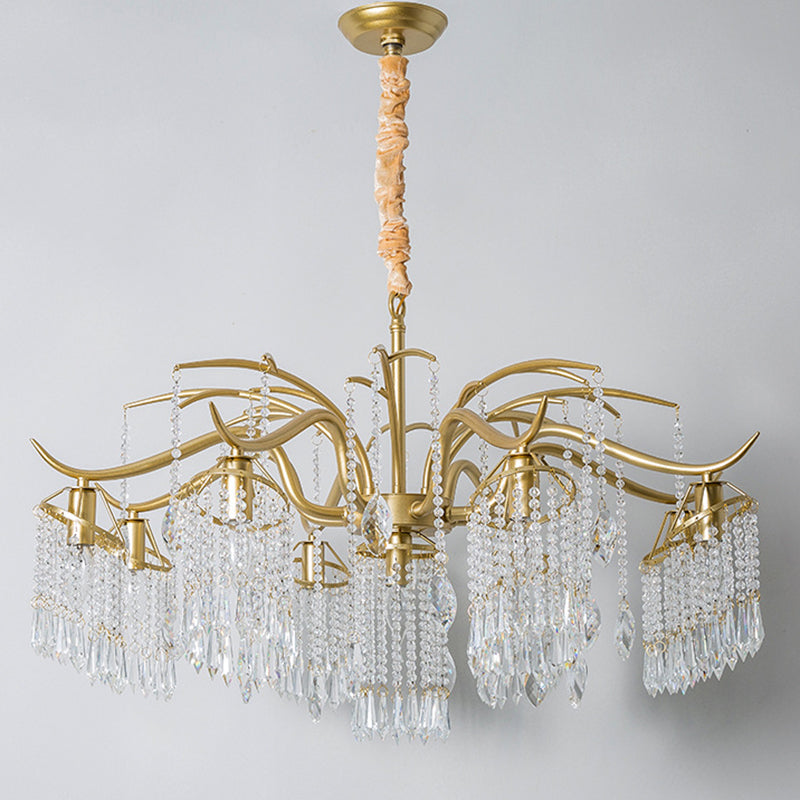 French Style Gold Chandelier Light with Clear Crystal Drops Metal Multi Light Pendant Light for Living Room