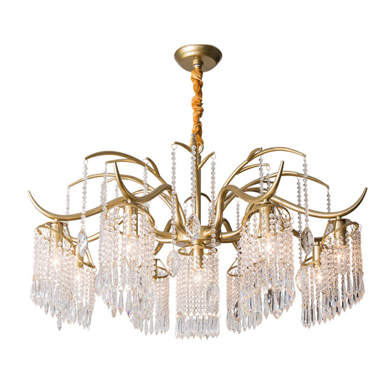 French Style Gold Chandelier Light with Clear Crystal Drops Metal Multi Light Pendant Light for Living Room