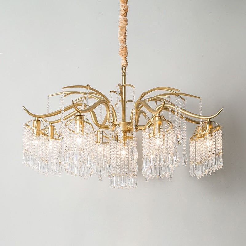French Style Gold Chandelier Light with Clear Crystal Drops Metal Multi Light Pendant Light for Living Room