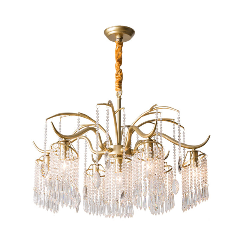 French Style Gold Chandelier Light with Clear Crystal Drops Metal Multi Light Pendant Light for Living Room