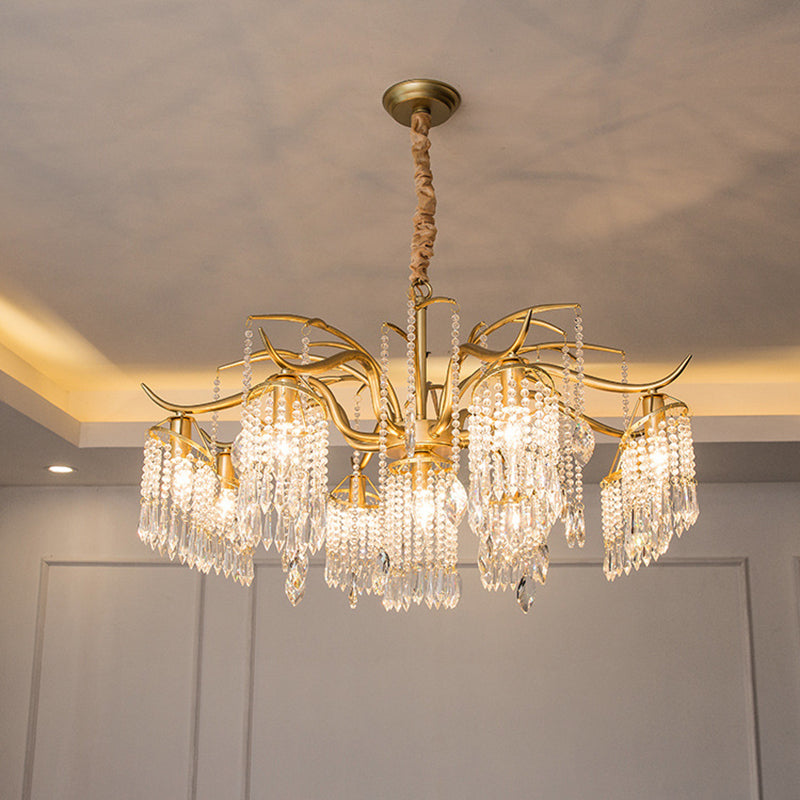 French Style Gold Chandelier Light with Clear Crystal Drops Metal Multi Light Pendant Light for Living Room