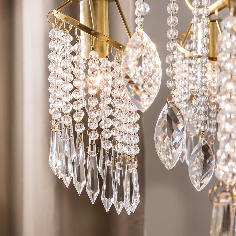 French Style Gold Chandelier Light with Clear Crystal Drops Metal Multi Light Pendant Light for Living Room
