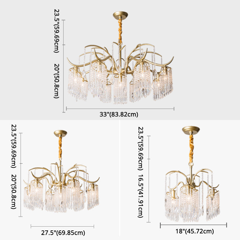 French Style Gold Chandelier Light with Clear Crystal Drops Metal Multi Light Pendant Light for Living Room