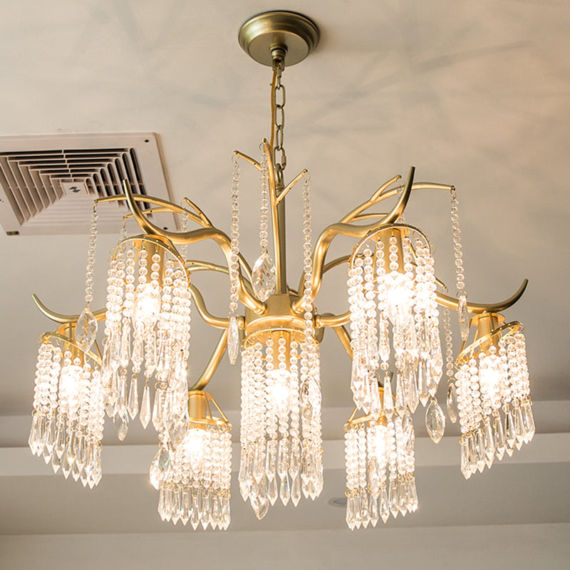 French Style Gold Chandelier Light with Clear Crystal Drops Metal Multi Light Pendant Light for Living Room