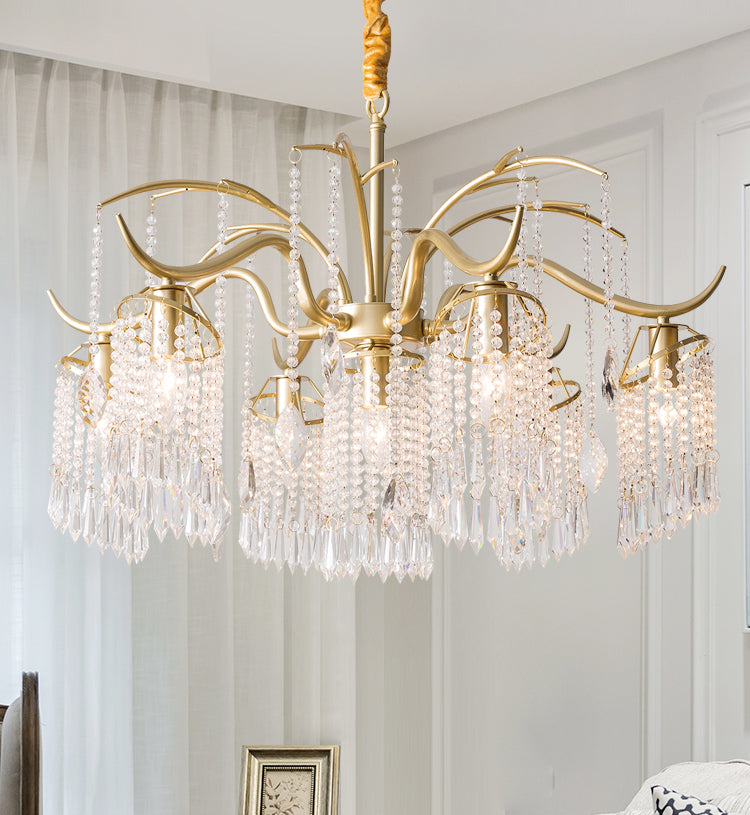 French Style Gold Chandelier Light with Clear Crystal Drops Metal Multi Light Pendant Light for Living Room