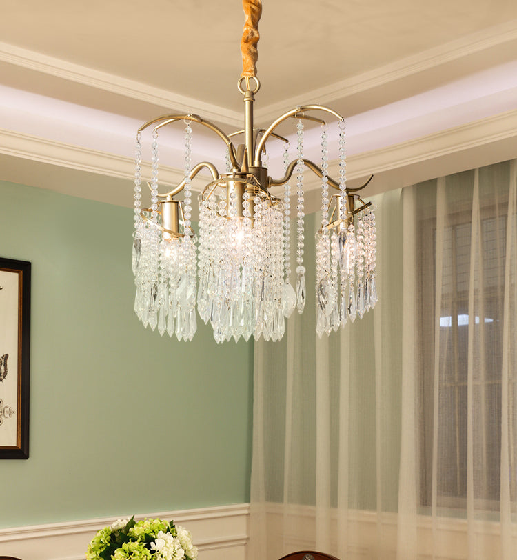 French Style Gold Chandelier Light with Clear Crystal Drops Metal Multi Light Pendant Light for Living Room