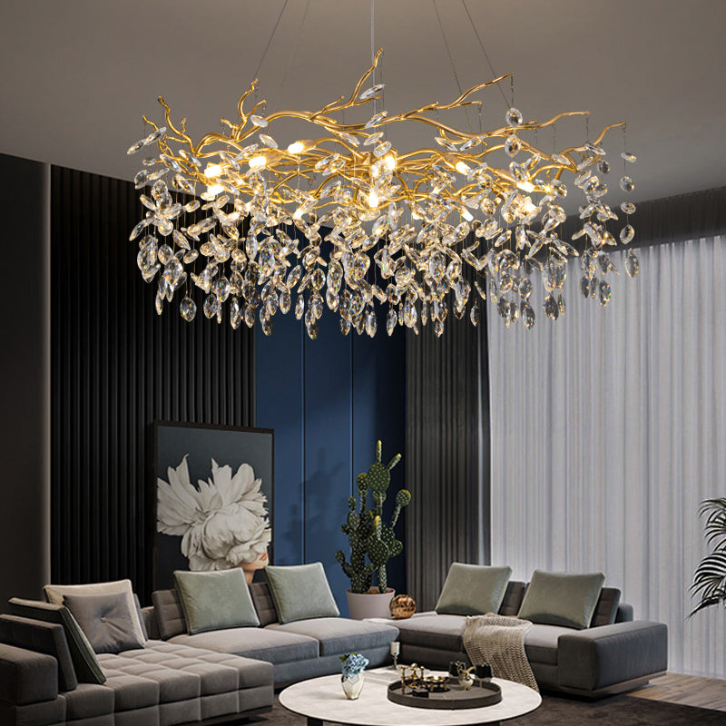 Golden Aluminum Branches Shaped Chandelier Transparent Crystal Drops Rustic Style Vintage Pendant Light