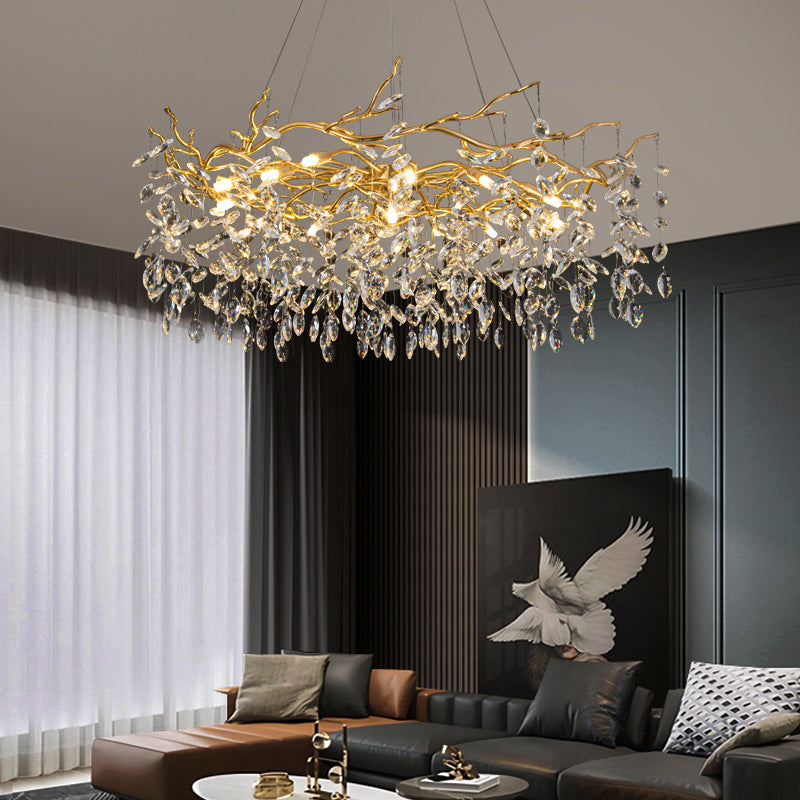 Golden Aluminum Branches Shaped Chandelier Transparent Crystal Drops Rustic Style Vintage Pendant Light