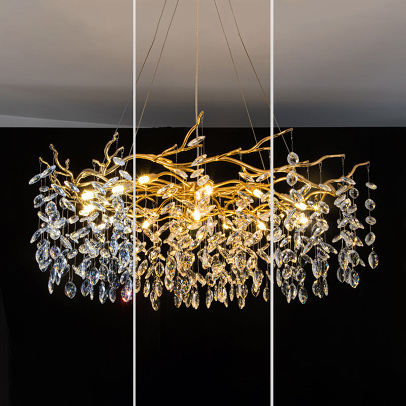Golden Aluminum Branches Shaped Chandelier Transparent Crystal Drops Rustic Style Vintage Pendant Light