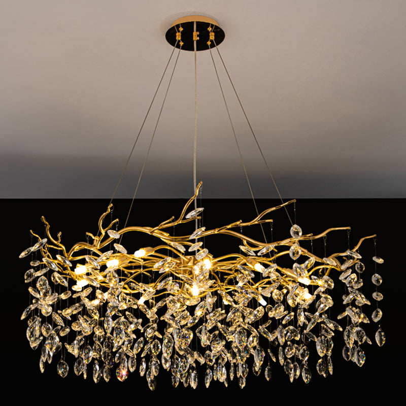 Golden Aluminum Branches Shaped Chandelier Transparent Crystal Drops Rustic Style Vintage Pendant Light