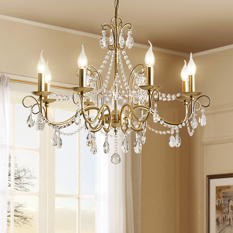 American Rustic Style Chandelier Light with Clear Crystal Drops Multi-lights Vintage Dining Room Lighting Fixture