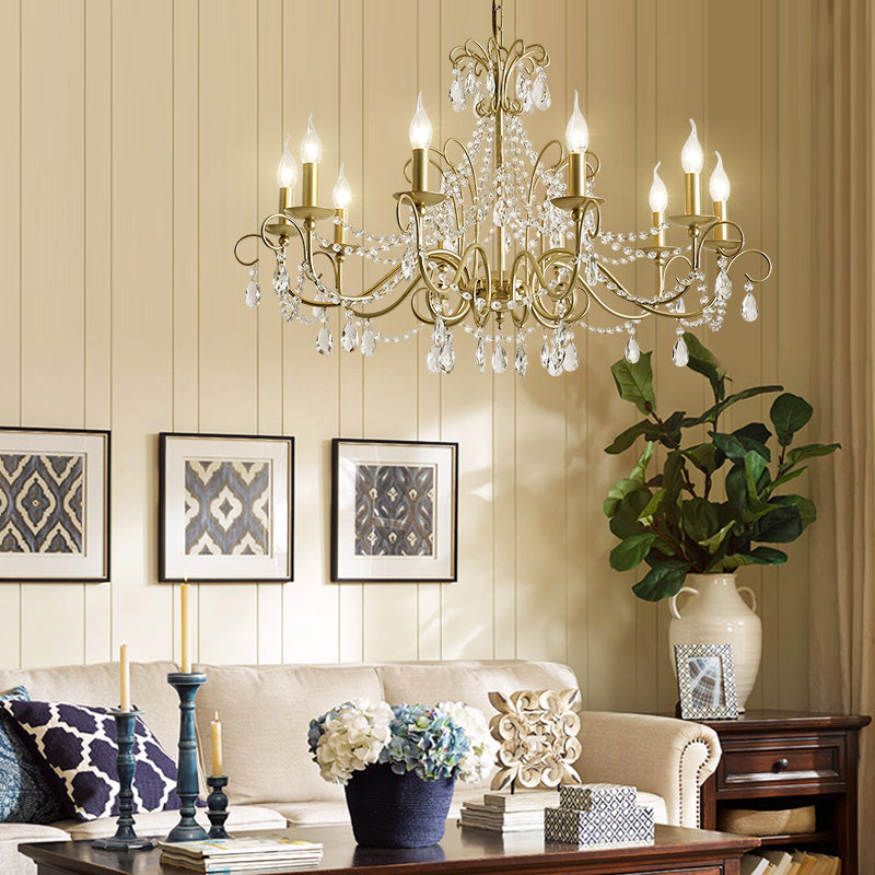 American Rustic Style Chandelier Light with Clear Crystal Drops Multi-lights Vintage Dining Room Lighting Fixture
