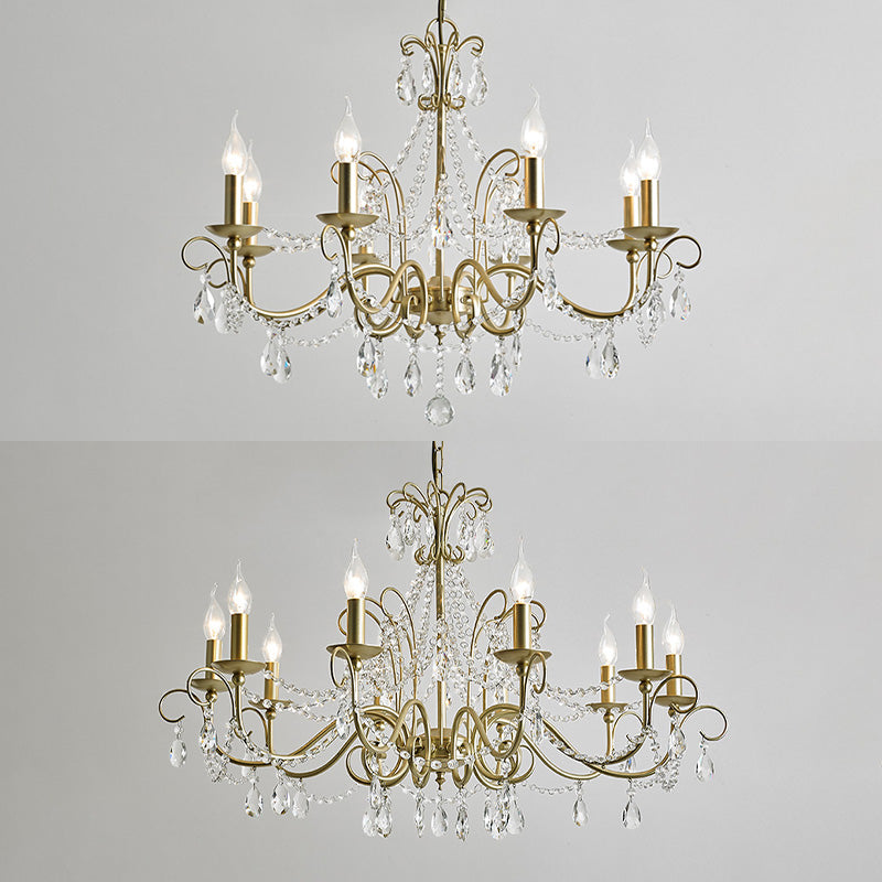 American Rustic Style Chandelier Light with Clear Crystal Drops Multi-lights Vintage Dining Room Lighting Fixture