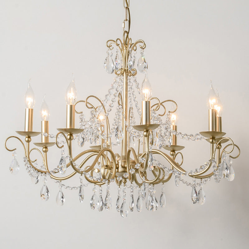 Frosted Gold French Style Chandelier Light with Candlestick Metal Multi Light Pendant with Clear Crystal